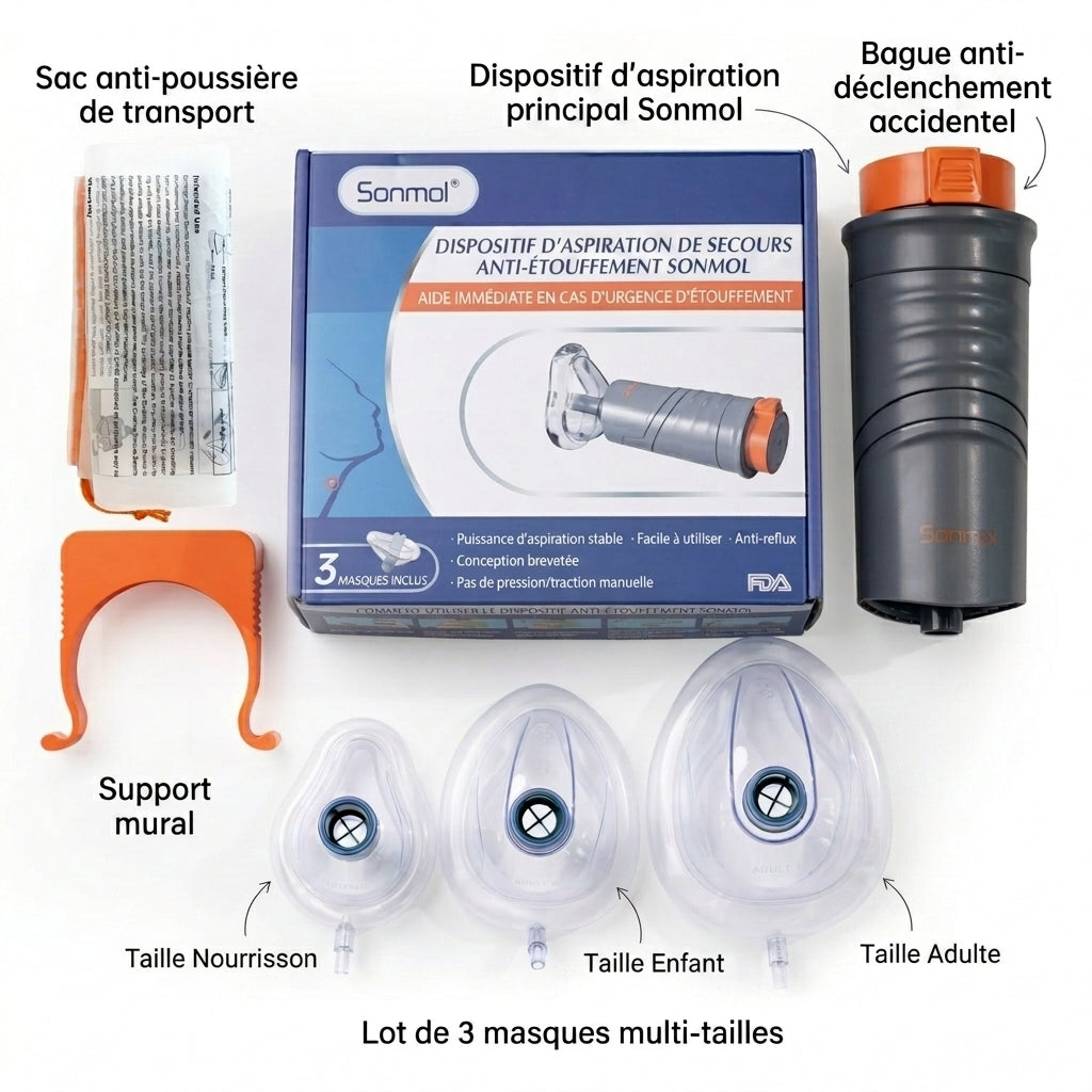 Contenu du paquet Sonmol : dispositif principal, 3 masques multi-tailles, bague de sécurité, sac de transport, support mural